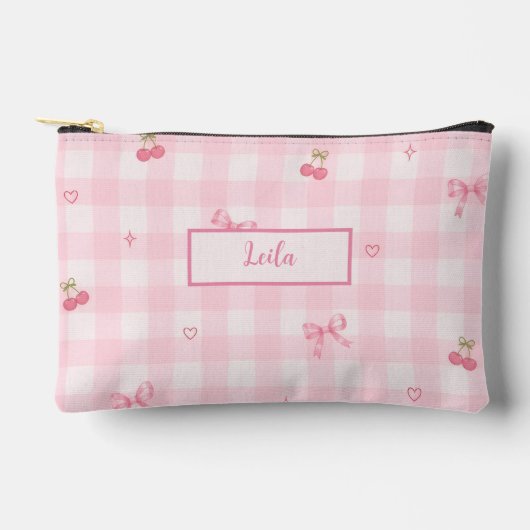 Pochette À Accessoires Conception de nom de script à nœud cerise en vichy (Recto)