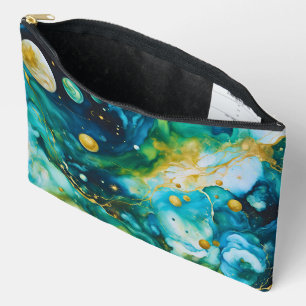Pochette À Accessoires Cosmos d'encre d'alcool bleu vert or