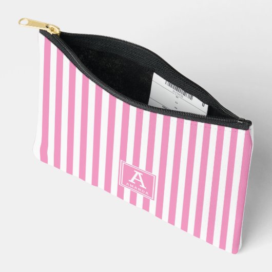 Pochette À Accessoires Cute Rose Chaud Pink Stripes Initiales Monogrammes (Ouvrir)