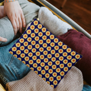 Pochette À Accessoires Dahlia jaune motif floral sur bleu