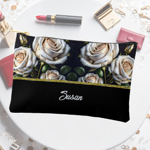 Pochette À Accessoires De magnifiques roses blanches avec des détails dor