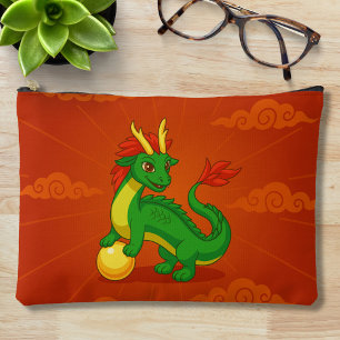 Pochette À Accessoires Dragon Chinois Vert sur Fond Rouge