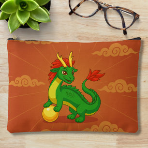 Pochette À Accessoires Dragon Chinois Vert sur Fond Rouge