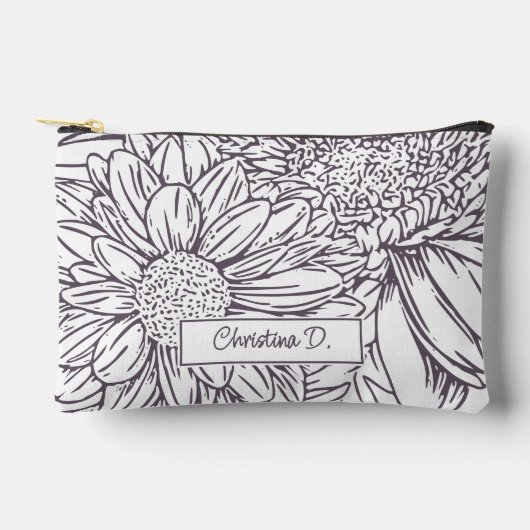 Pochette À Accessoires Dusty Plum on White Chrysanthemums with Name (Recto)
