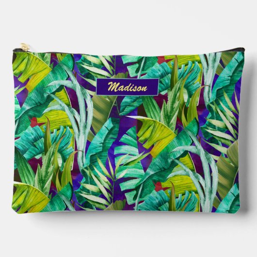 Pochette À Accessoires Élégant feuille vert tropical violet motif (Recto)