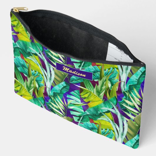 Pochette À Accessoires Élégant feuille vert tropical violet motif (Ouvrir)