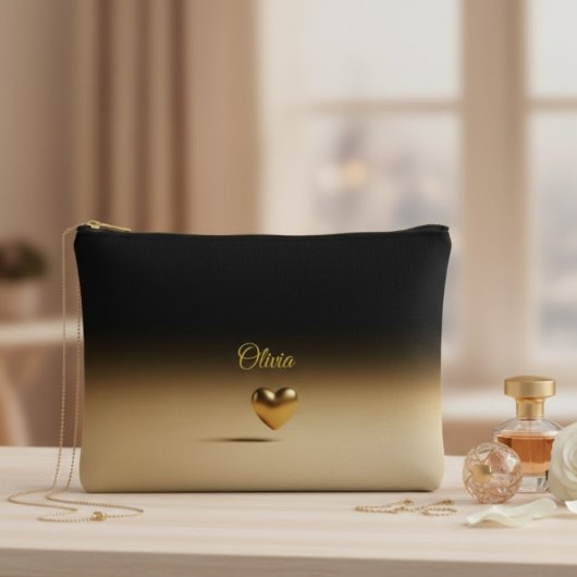 Pochette À Accessoires Elegant Gold Heart & Black Gradient Personalized A