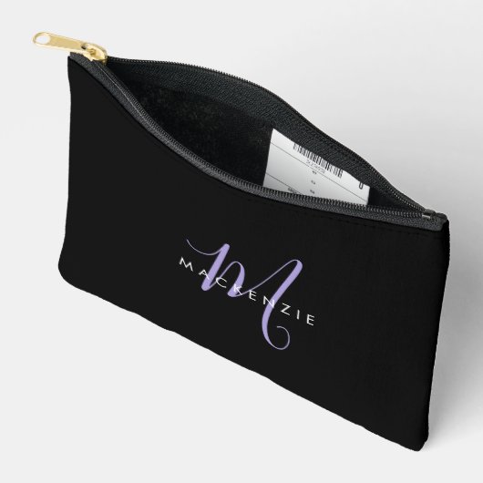 Pochette À Accessoires Élégant moderne Lavande Noire Script Monogramme (Ouvrir)
