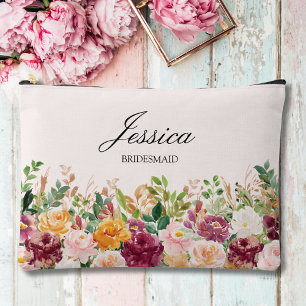 Pochette À Accessoires Élégant Monogramme Aquarelle Rose Fleur Demoiselle