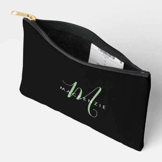 Pochette À Accessoires Élégant Monogramme moderne noir vert Script (Ouvrir)