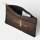 Pochette À Accessoires Élégant Monogramme Script Rustique apparence bois (Ouvrir)