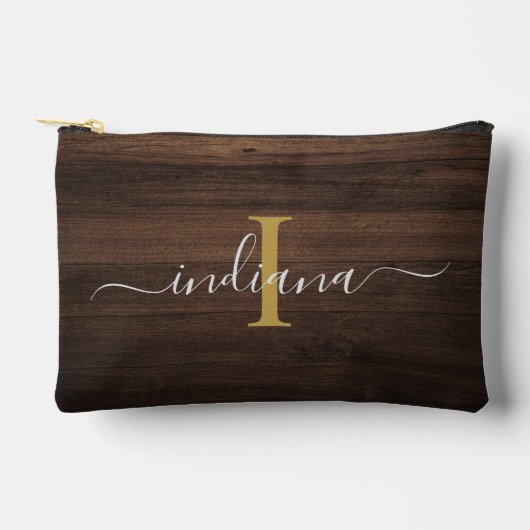 Pochette À Accessoires Élégant Monogramme Script Rustique apparence bois (Recto)