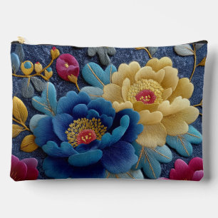 Pochette À Accessoires Élégant motif floral brodé, aspect pivoine vintage
