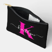 Pochette À Accessoires Élégant Noir Hot Rose Script Monogramme (Ouvrir)