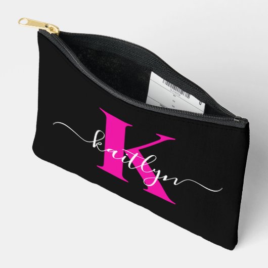 Pochette À Accessoires Élégant Noir Hot Rose Script Monogramme (Ouvrir)