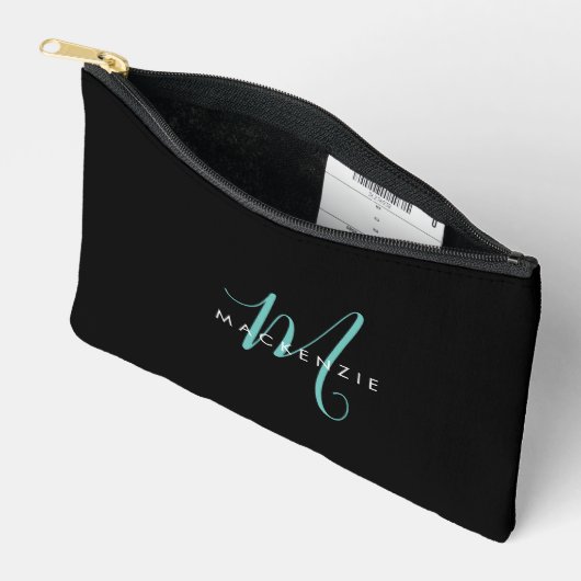 Pochette À Accessoires Élégant Noir Turquoise Script Monogramme moderne (Ouvrir)
