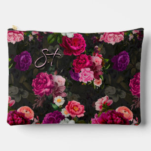 Pochette À Accessoires Élégant rose fleurs noir monogramme