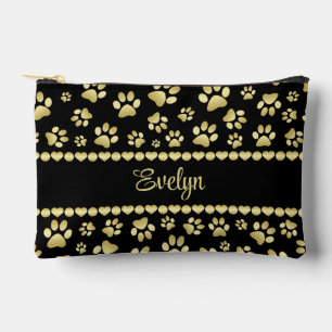Pochette À Accessoires Empreintes de Patte Dorées sur Fond Noir avec Nom