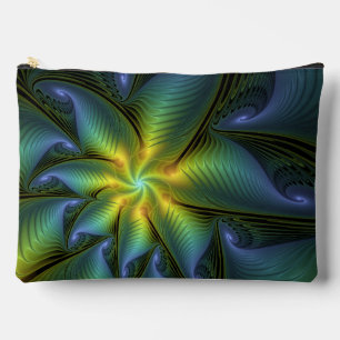 Pochette À Accessoires Étoile abstraite, art fractal doré bleu vert brill