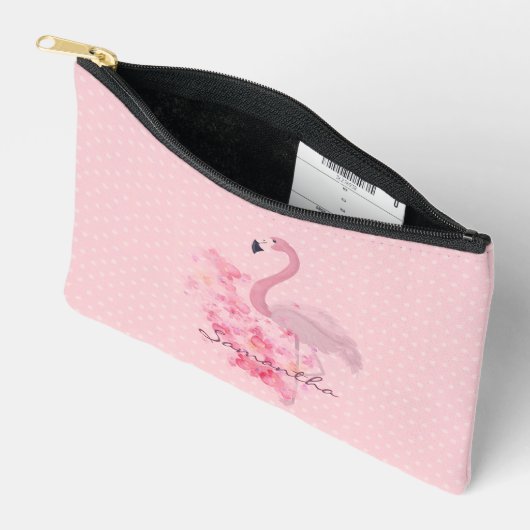 Pochette À Accessoires Flamant rose d'aquarelle rose Floral et points nom (Ouvrir)