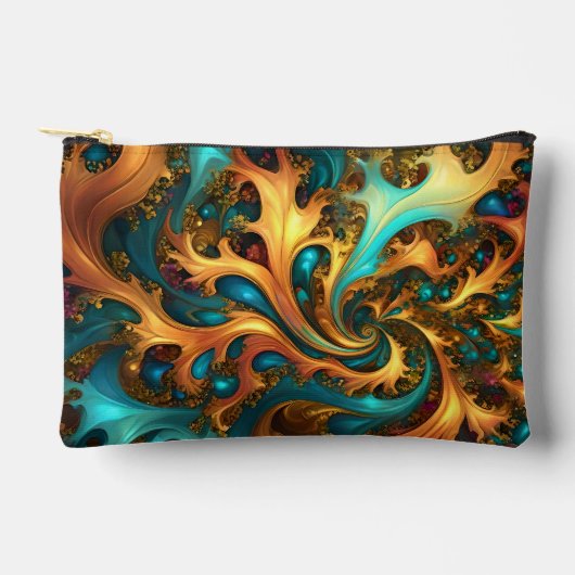 Pochette À Accessoires Flammes de couleur : danse fractale sarcelle, or, (Recto)