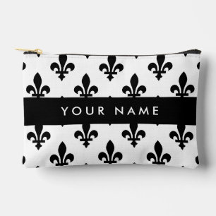 Pochette À Accessoires Fleur de Lis, Noir sur Blanc, Noir, Votre Nom