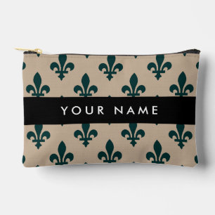 Pochette À Accessoires Fleur de Lis, Vert sur Beige, Royal, Votre Nom