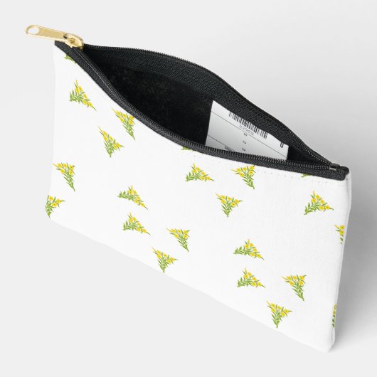 Pochette À Accessoires Fleur jaune avec feuilles verts sur blanc (Ouvrir)