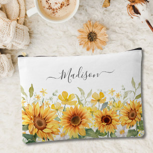 Pochette À Accessoires Fleur jaune de tournesol botanique à monogramme