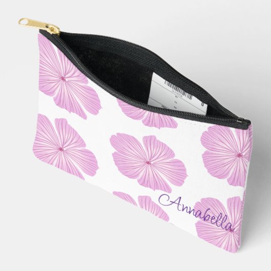 Pochette À Accessoires Fleur Lavatera rose sur blanc (Ouvrir)