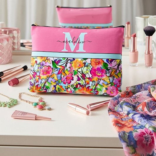 Pochette À Accessoires Fleur rose et orange personnalisée