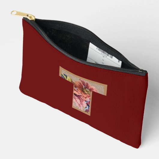 Pochette À Accessoires Fleur Rustique initiale T Bourgogne (Ouvrir)