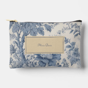 Pochette À Accessoires Fleurs bleues Toile de Jouy votre nom 