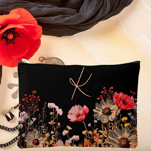 Pochette À Accessoires Fleurs de printemps brillantes sur monogramme noir