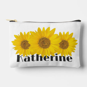 Pochette À Accessoires Fleurs de soleil jaunes Nom personnalisé Blanc