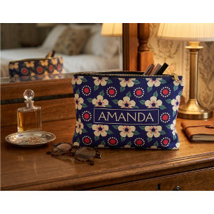 Pochette À Accessoires Fleurs de style vintage bleu marine personnalisées