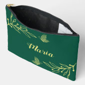 Pochette À Accessoires Fleurs dorées simples vert émeraude (Ouvrir)
