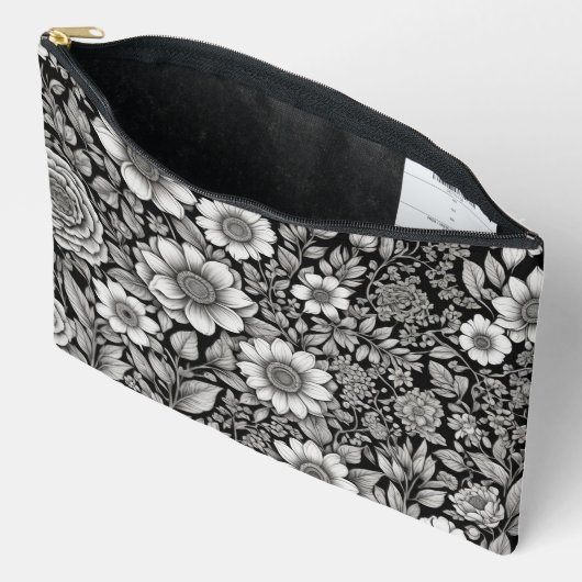 Pochette À Accessoires Fleurs et feuilles noirs et blancs (Ouvrir)