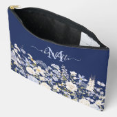 Pochette À Accessoires Fleurs Florales Bleues Aquarelle Monogramme Élégan (Ouvrir)