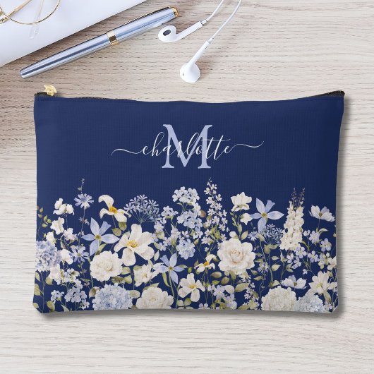 Pochette À Accessoires Fleurs Florales Bleues Aquarelle Monogramme Élégan