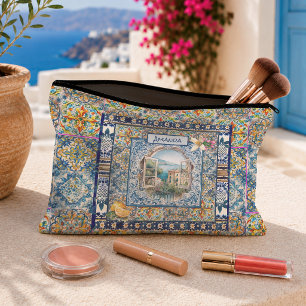 Pochette À Accessoires fleurs italiennes d'été carreaux bleus citrus mono