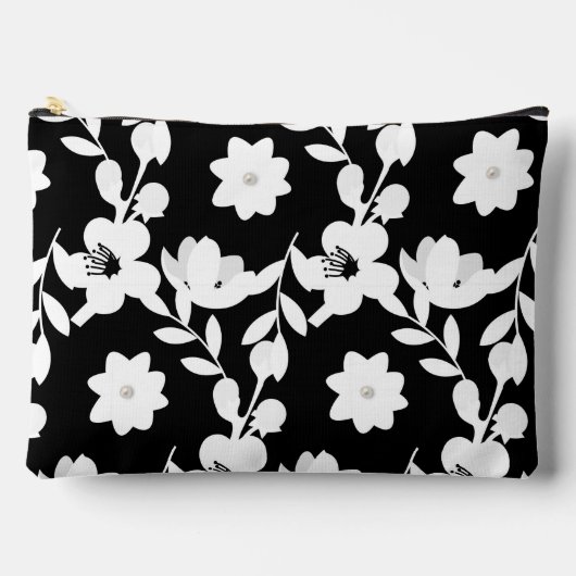 Pochette À Accessoires Fleurs noires et blanches avec perles (Recto)