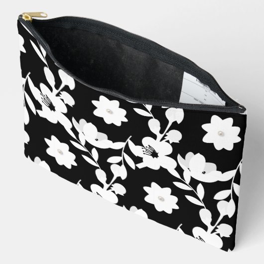 Pochette À Accessoires Fleurs noires et blanches avec perles (Ouvrir)