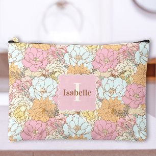 Pochette À Accessoires Fleurs rétro Floral Pastel Nom Monogramme