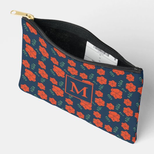 Pochette À Accessoires Fleurs rouges Motif Monogramme bleu foncé (Ouvrir)