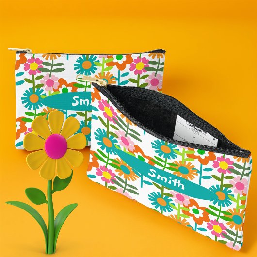 Pochette À Accessoires Fleurs Turquoise Et Orange Rétro