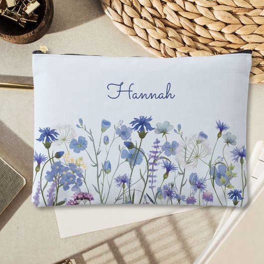 Pochette À Accessoires Floral de Fleur sauvage d'aquarelle bleu monogramm