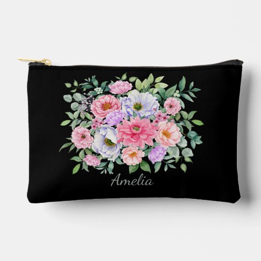 Pochette À Accessoires Florales élégantes sur noir (Recto)