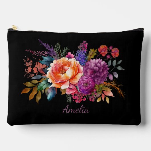 Pochette À Accessoires Florales élégantes sur noir (Recto)