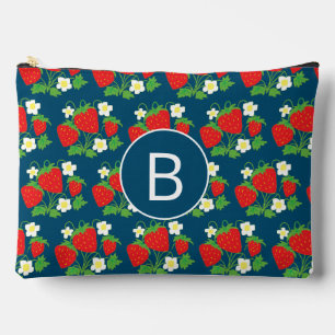Pochette À Accessoires Fraise et Fleur Bleu Motif Monogrammé